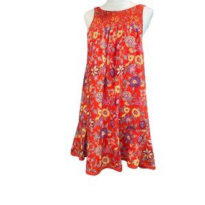 Free People Floral Boho Mini Dress XS – Red Smocked Sleeveless Swing Dress